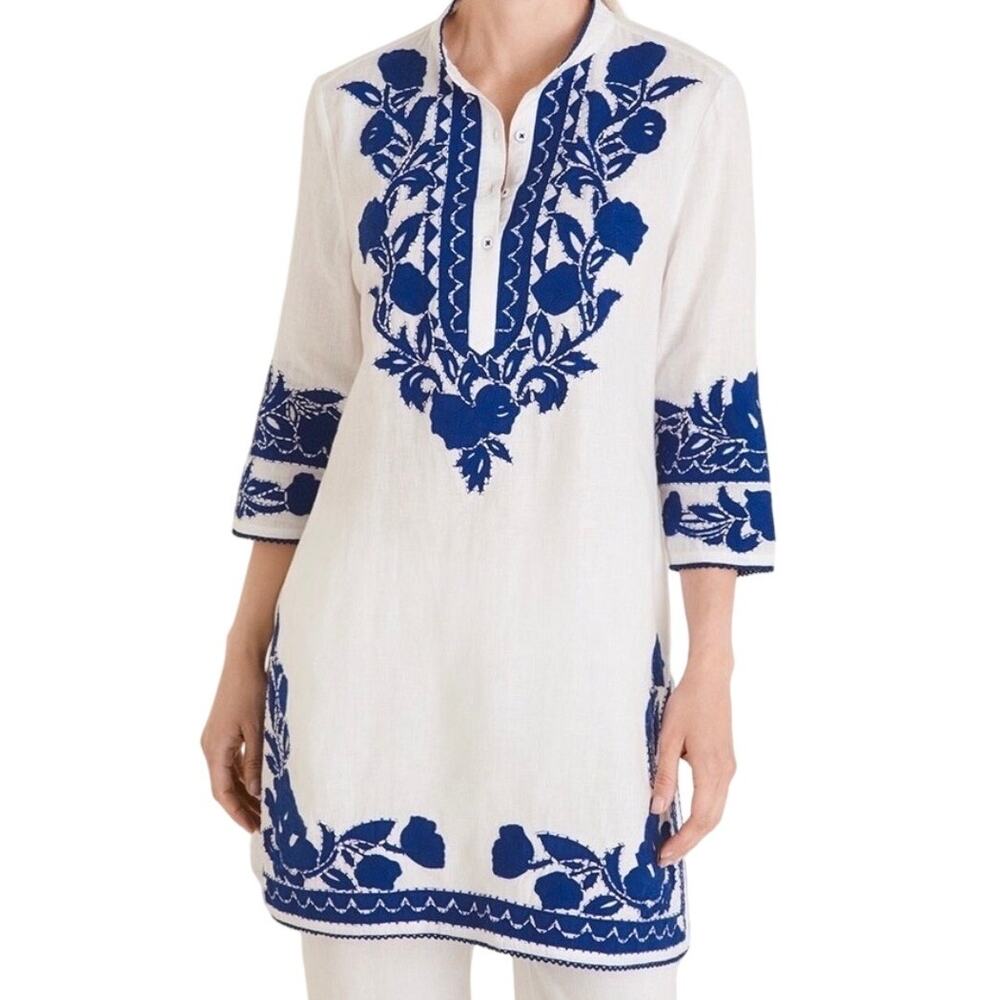 Chico's Linen Kaftan Tunic Dress Top Blue White Floral Applique 2 12/14